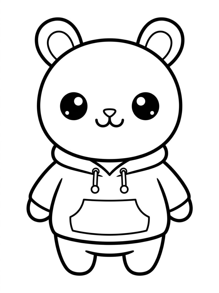 Kleurplaat van een kawaii beer met hoodie en capuchon