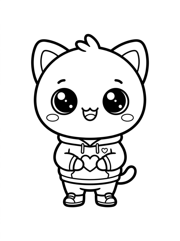 Kleurplaat van een kawaii kat in hoodie met hart gebaar en staart
