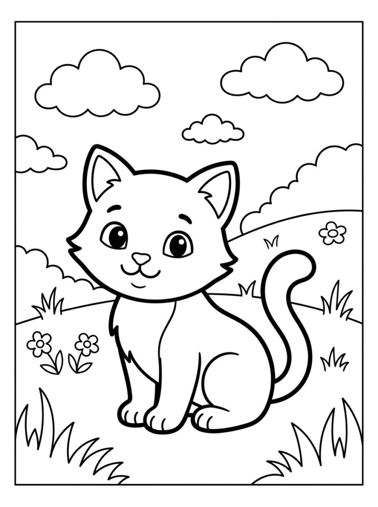 Kitten zit in grasveld met wolken en bloemen