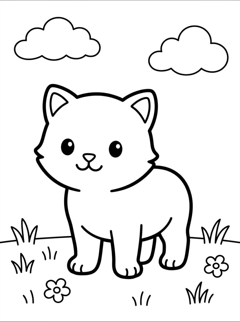 Kitten staat tussen gras en bloemen onder wolken