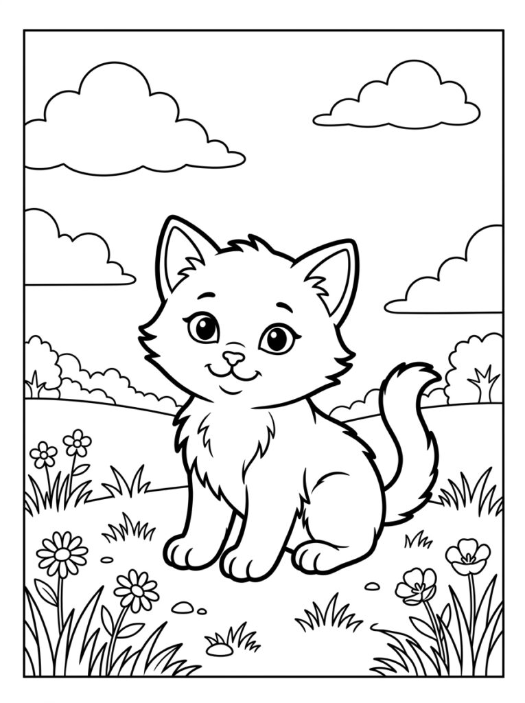 Kitten zit in bloemrijke weide met wolken