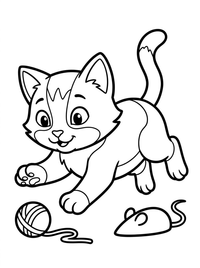 Kitten jaagt op muis naast bol wol