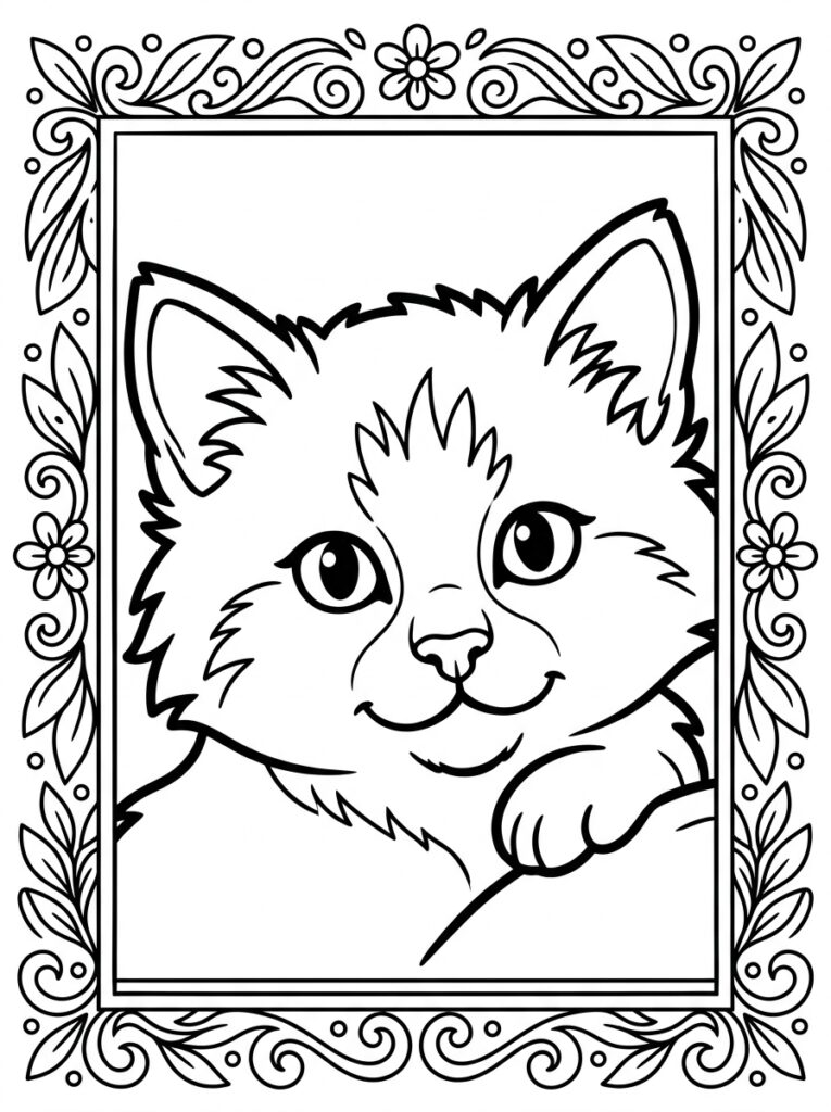 Kitten met grote ogen in decoratieve lijst