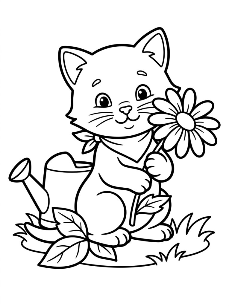 Kitten houdt bloem vast naast gieter