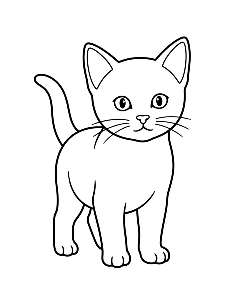 Staand kitten met grote ogen en krullende staart