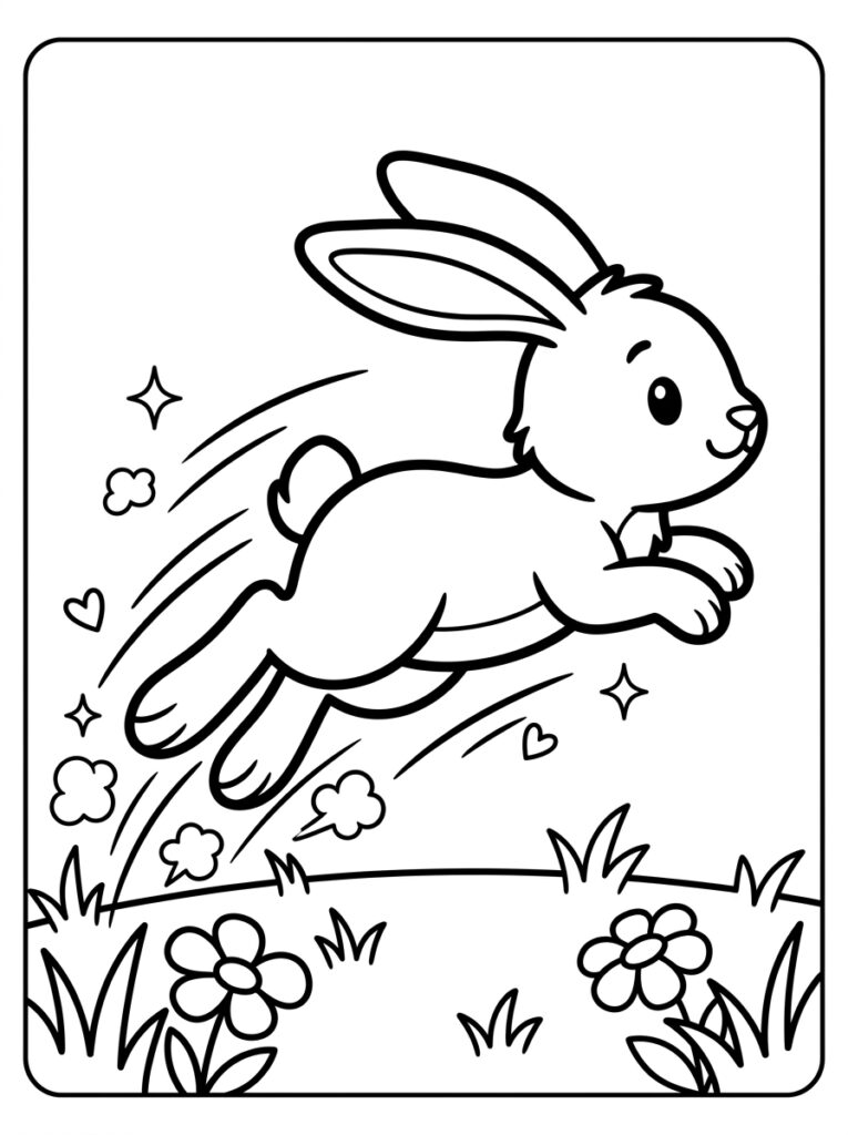 Konijn springt over bloemen en gras