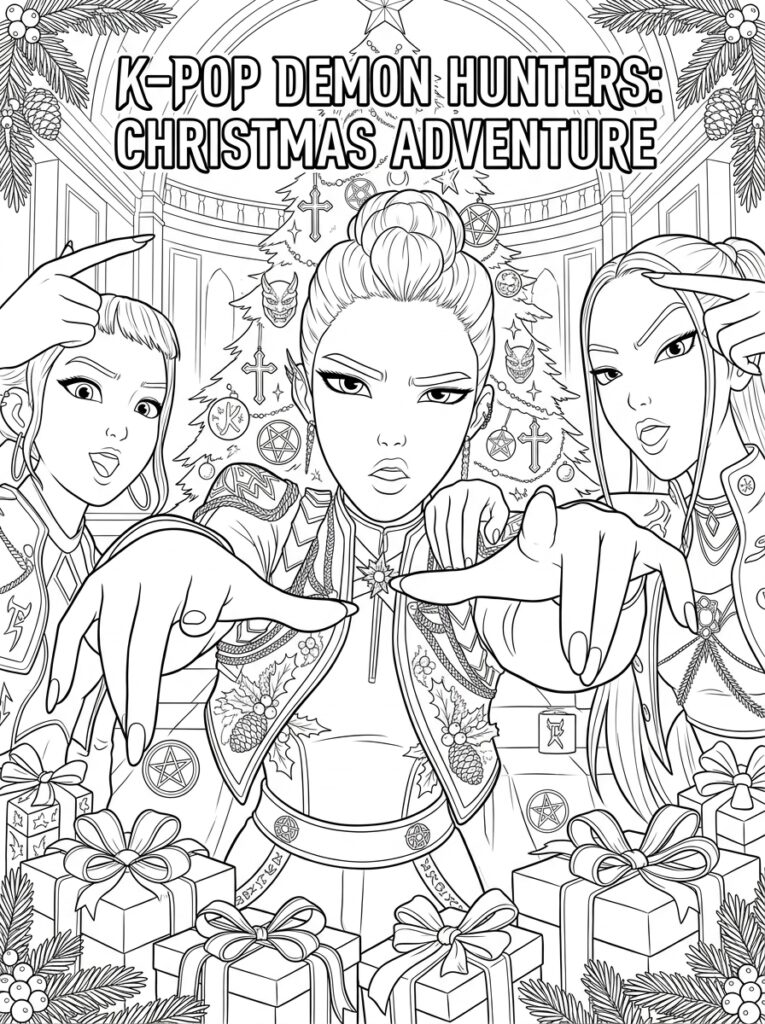 Drie K-pop demonenjagers met handen vooruit bij kerstboom