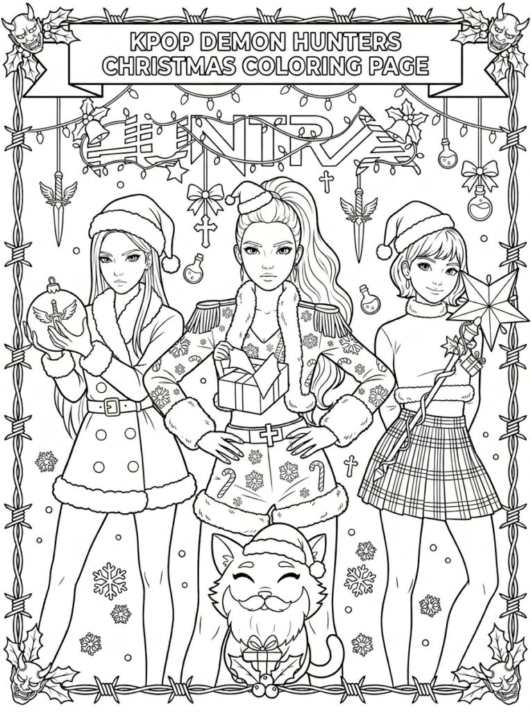 Drie K-pop demonenjagers in kerstmutsen met kat en ster