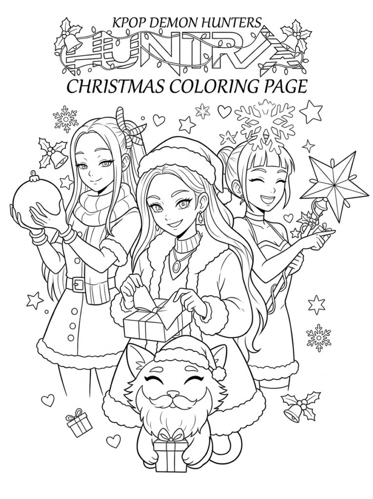 KPop demonenjagers met kerstkat cadeaus en sneeuwvlokken