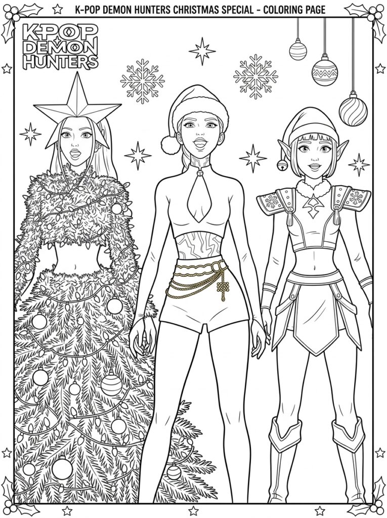 KPop demonenjagers in kerstboom Santa en elf outfit