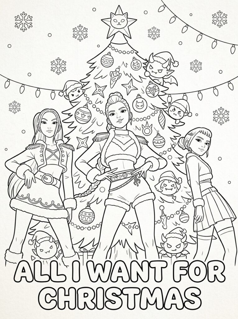 KPop demonenjagers voor kerstboom met kleine demonen