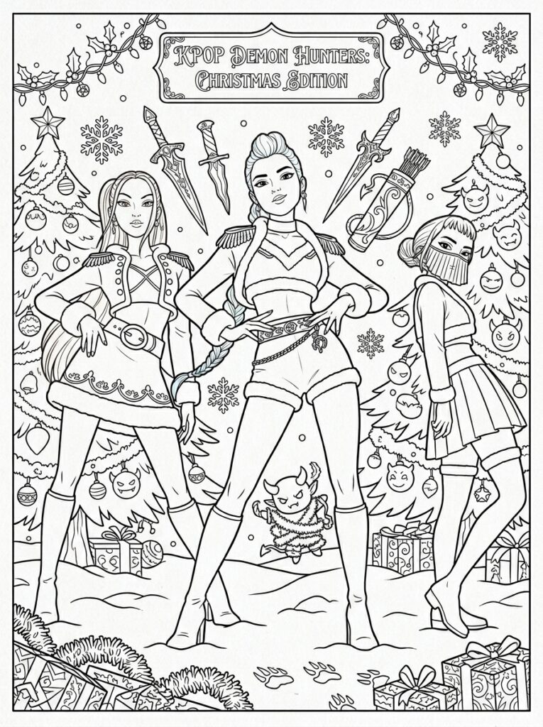 KPop demonenjagers met zwaarden kerstbomen en geschenken