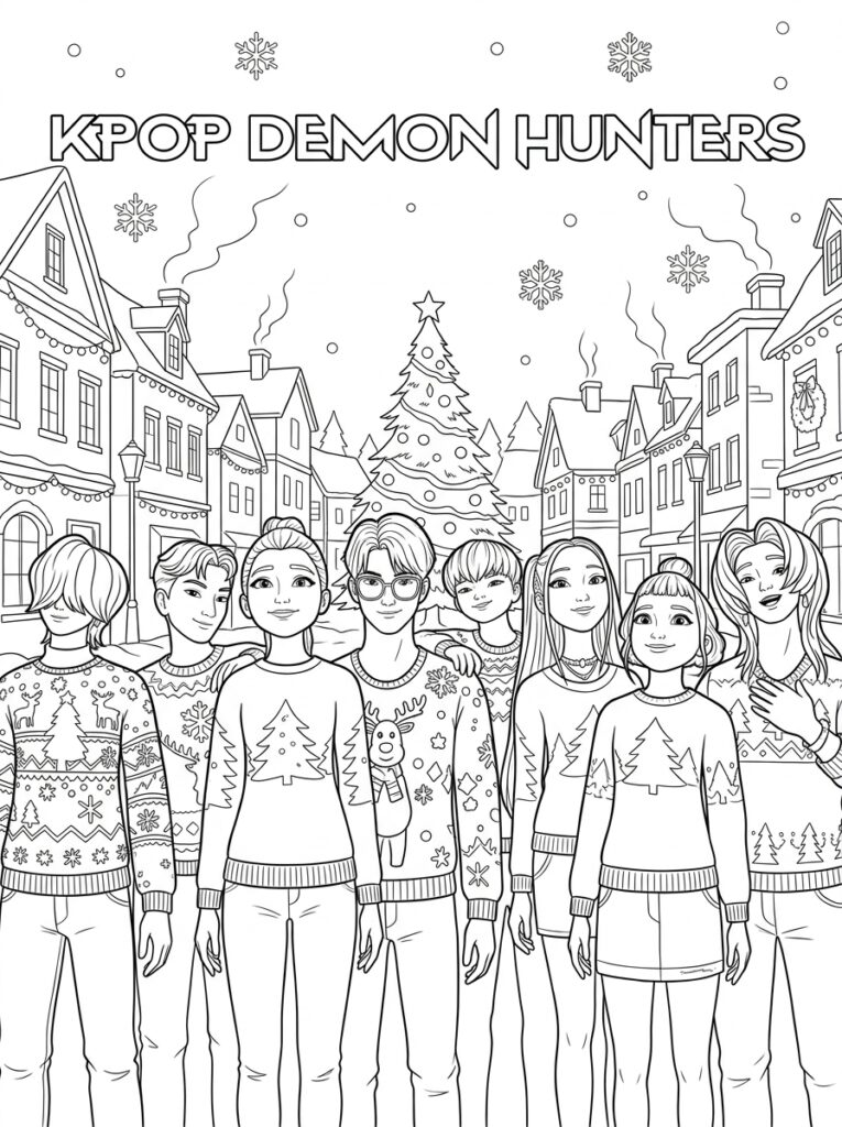 KPop Demon Hunters in kersttruien voor besneeuwd dorp