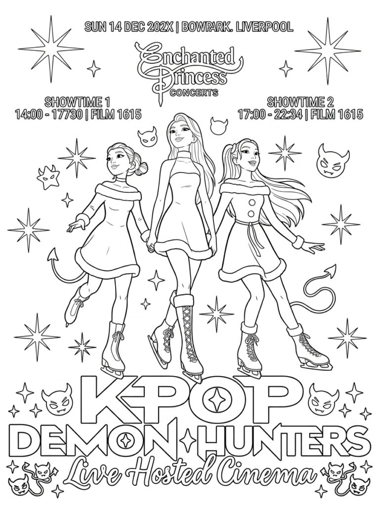 Drie KPop Demon Hunters schaatsen tussen sterren