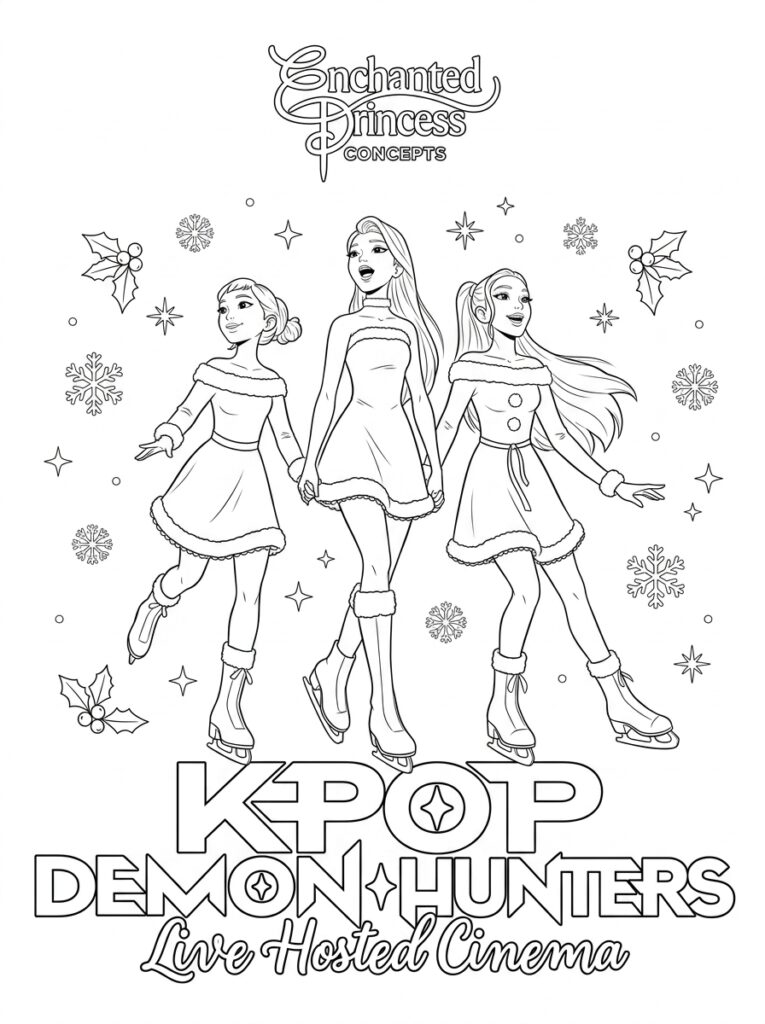 Drie KPop Demon Hunters schaatsen met sneeuwvlokken