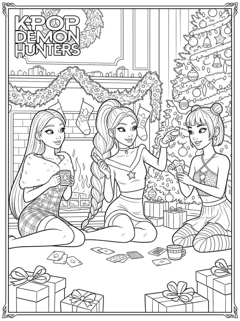 Drie KPop Demon Hunters bij haard met kerstboom