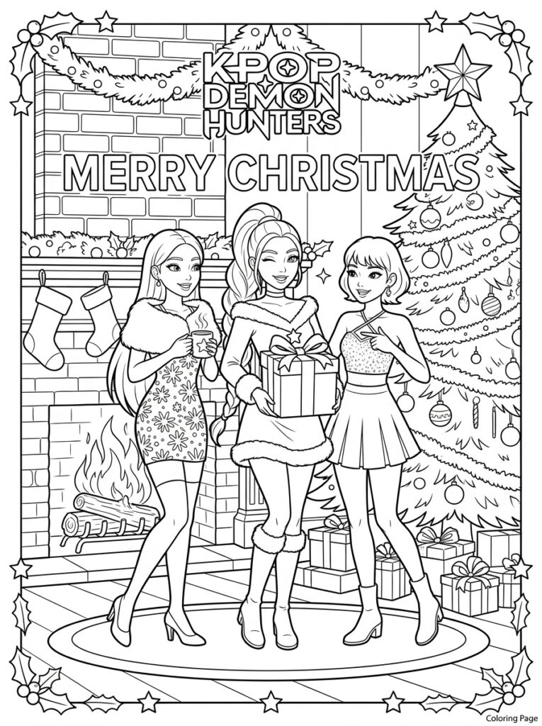 KPop Demon Hunters met mok en cadeau bij haard