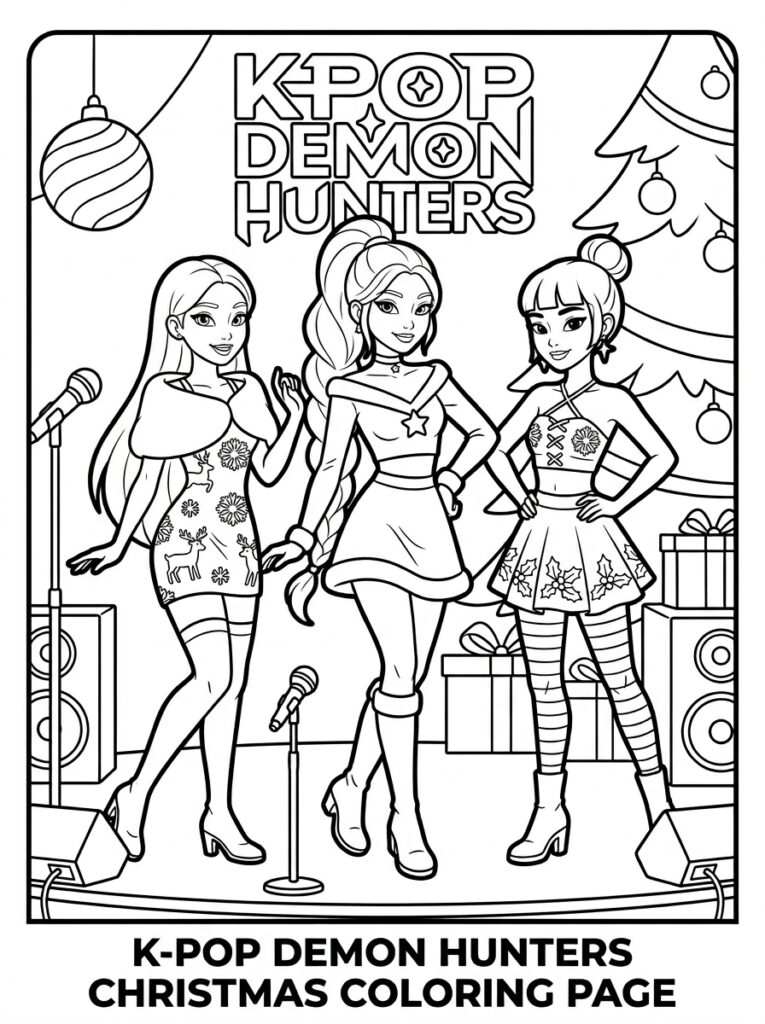 KPop Demon Hunters op podium met microfoons en kerstboom