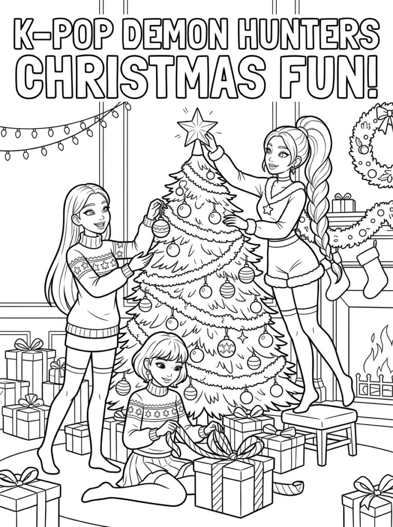 KPop Demon Hunters versieren kerstboom met ster en cadeaus