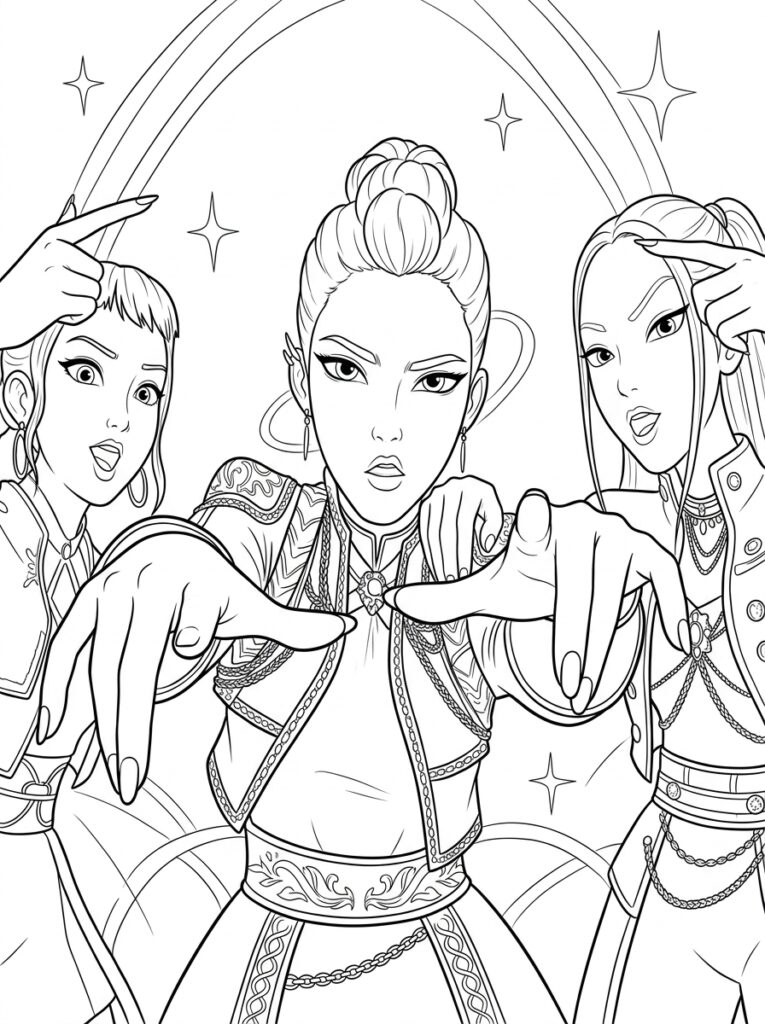 Drie KPop Demon zangeressen wijzen met wijsvingers vooruit