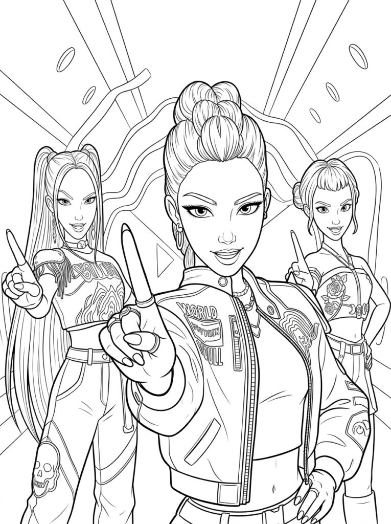 Drie kpop demonen poseren met vingergebaren in jacks