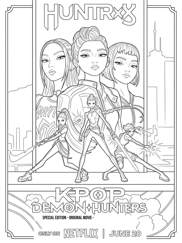 Kpop demon hunters poster met drie strijders