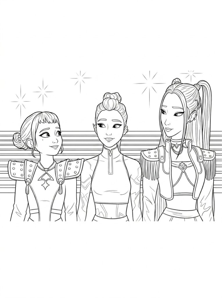 Drie kpop demonen staan in uniform met epauletten