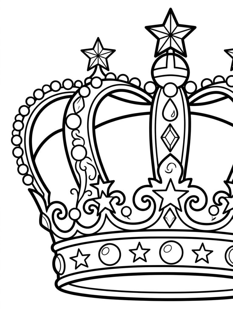 Kleurplaat van een kroon met sterren op de band en punten, diamanten en parels