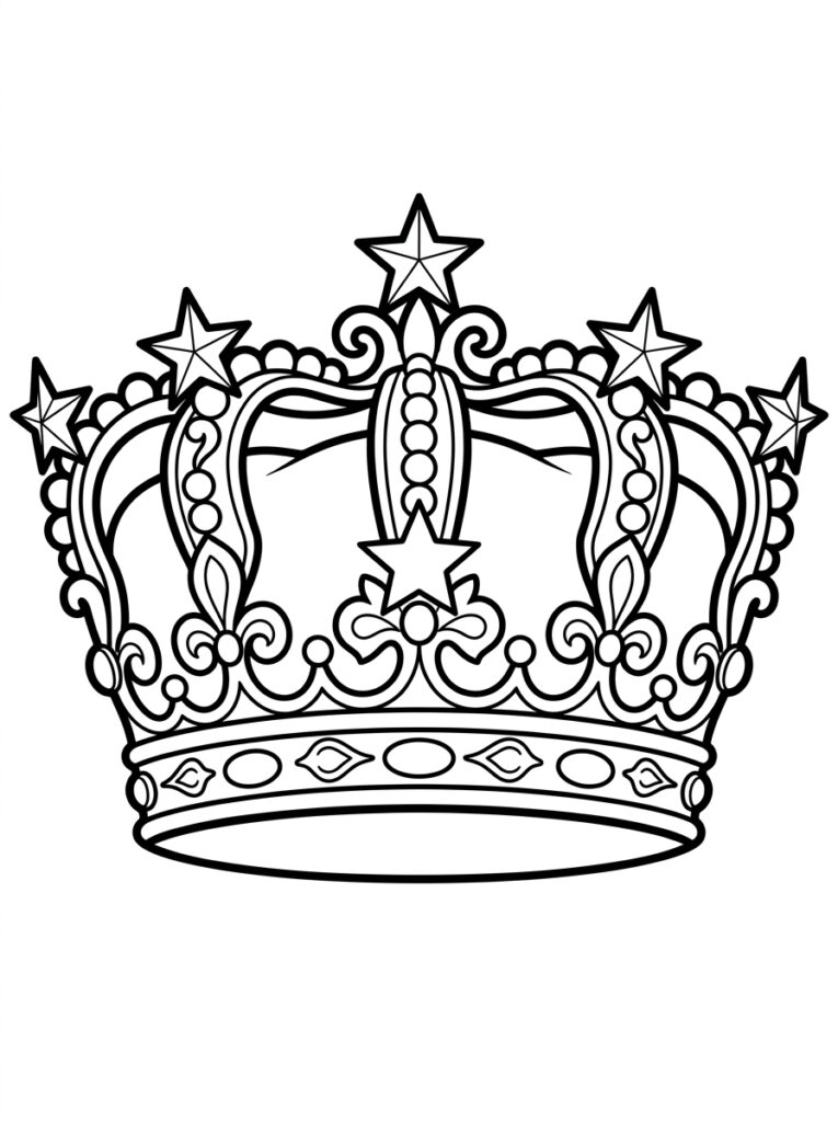 Kleurplaat van een kroon met sterren, krullen en een band met ovale patronen