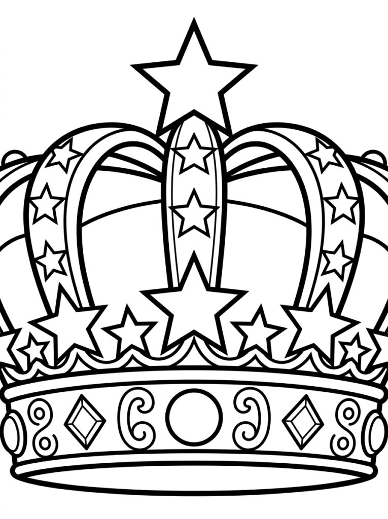 Kleurplaat van een kroon vol sterren, grote ster bovenop en diamanten op de band
