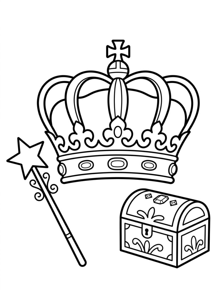 Kleurplaat van een kroon met kruis, een toverstaf met ster en een schatkist met edelstenen
