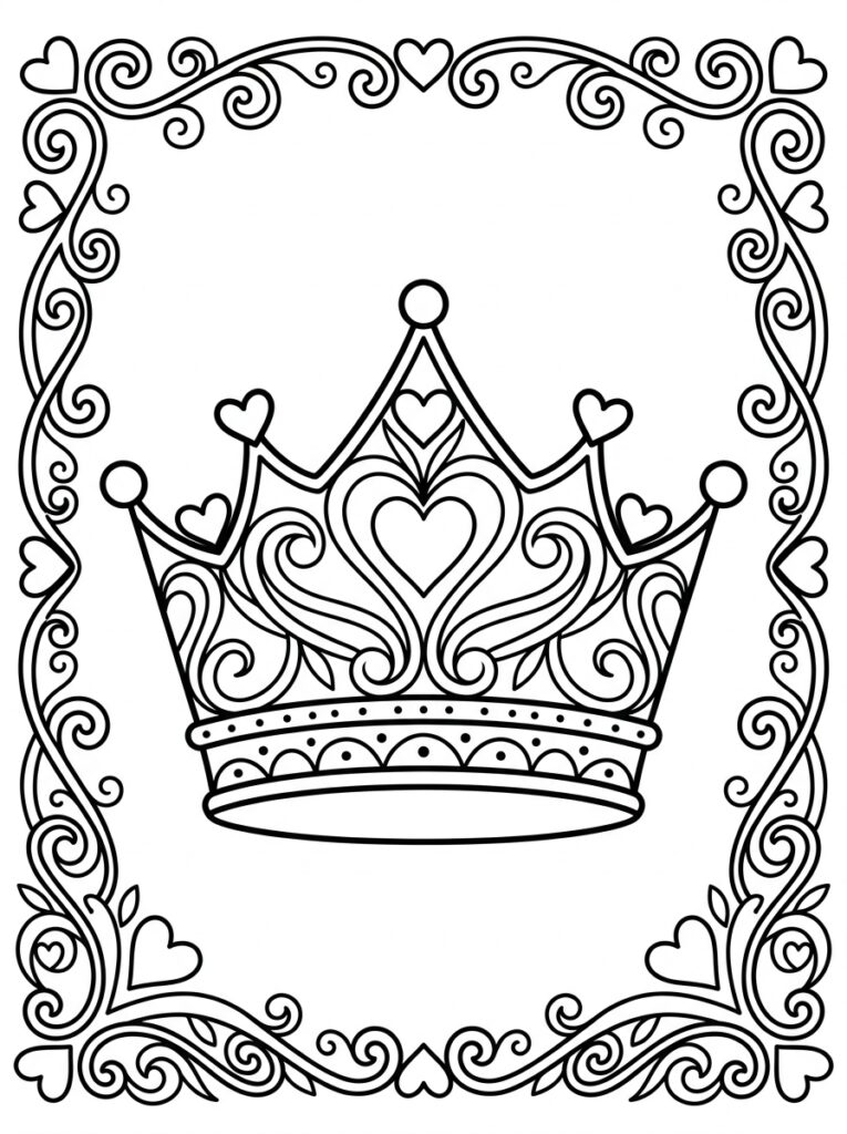 Kleurplaat van een puntige kroon met harten in een ornamentele rand met harten en krullen