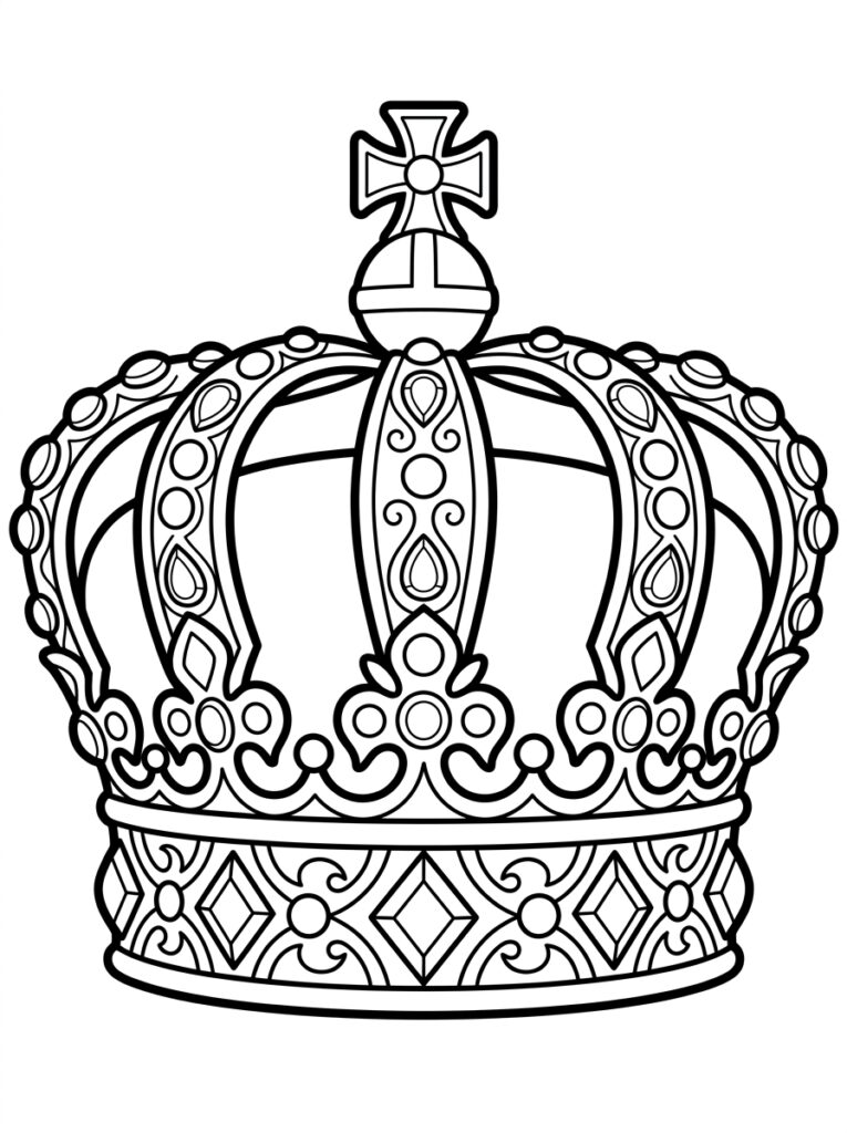 Kleurplaat van een gedetailleerde kroon met kruis, cirkels, druppelvormen en edelstenen