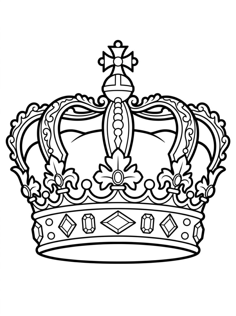Kleurplaat van een kroon met kruis, fleur-de-lis, bloemen en diamanten