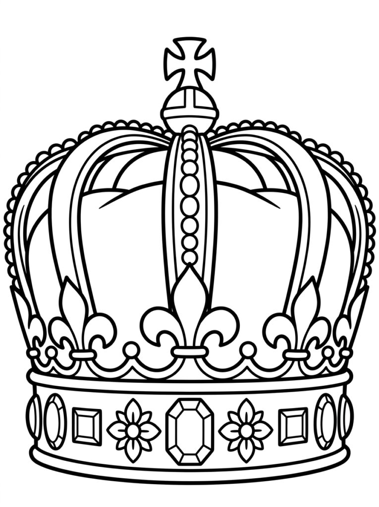 Kleurplaat van een kroon met kruis, fleur-de-lis, bloemen en vierkante edelstenen