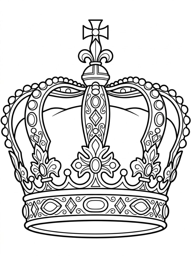 Kleurplaat van een kroon met kruis, krullen, parels en geometrische patronen