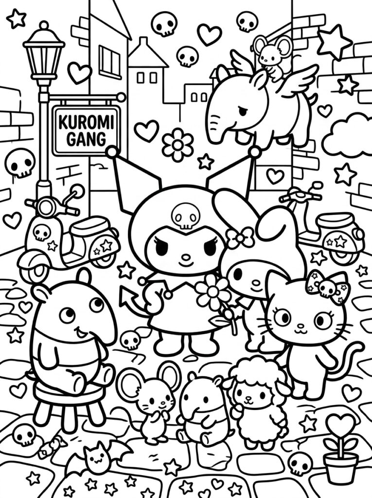 Kuromi met konijn kat en kleine dieren op straat