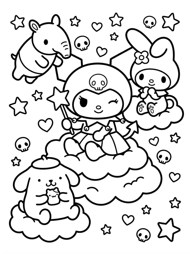 Kuromi met sterstaf op wolk bij konijn