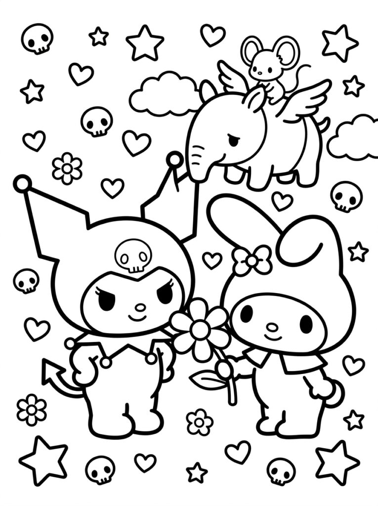 Kuromi en My Melody met bloem en gevleugelde olifant