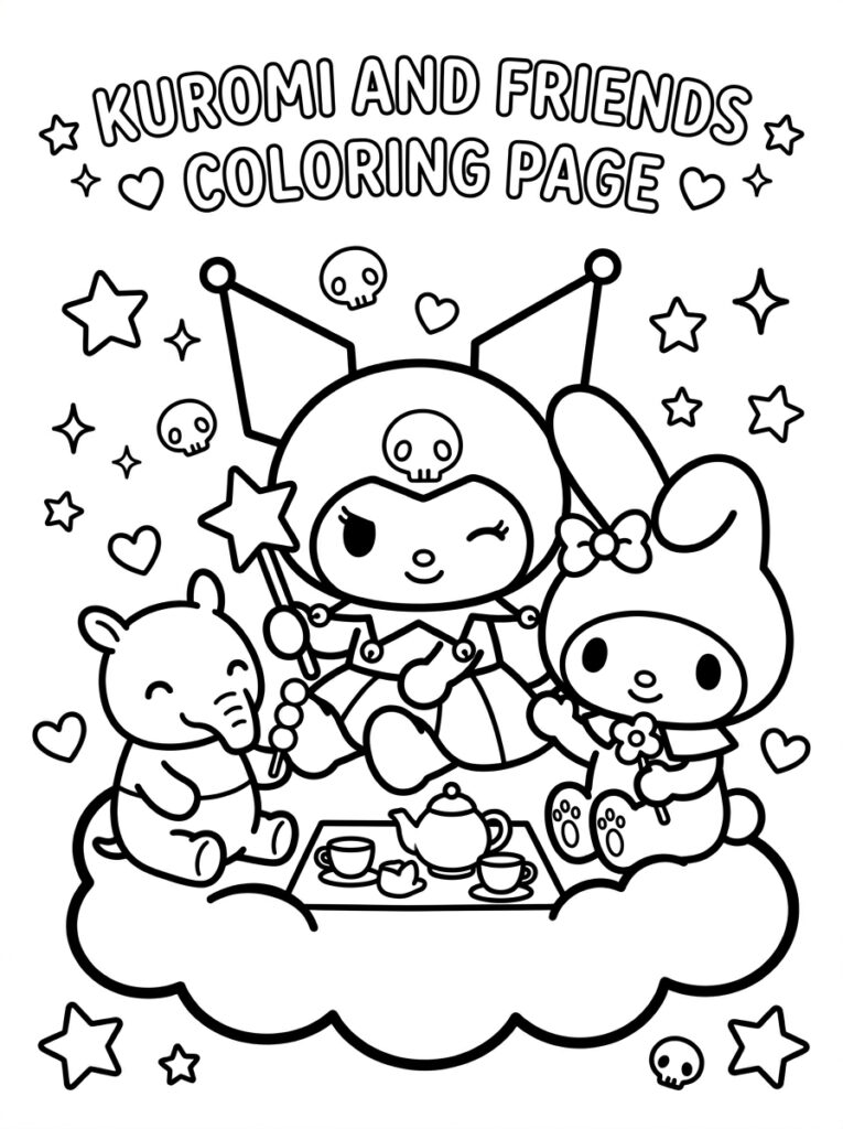 Kuromi My Melody en olifant op wolk met thee