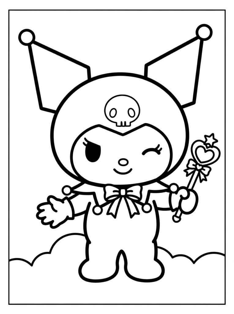 Kuromi knipoogt en houdt toverstaf vast