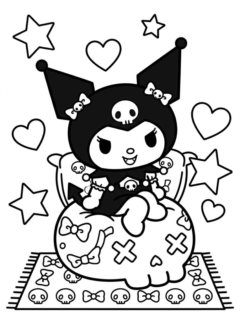 Kuromi zit op kussen met schedels en sterren