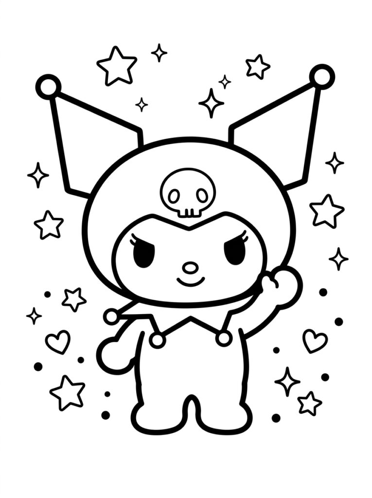 Kuromi zwaait met hand tussen sterren en harten