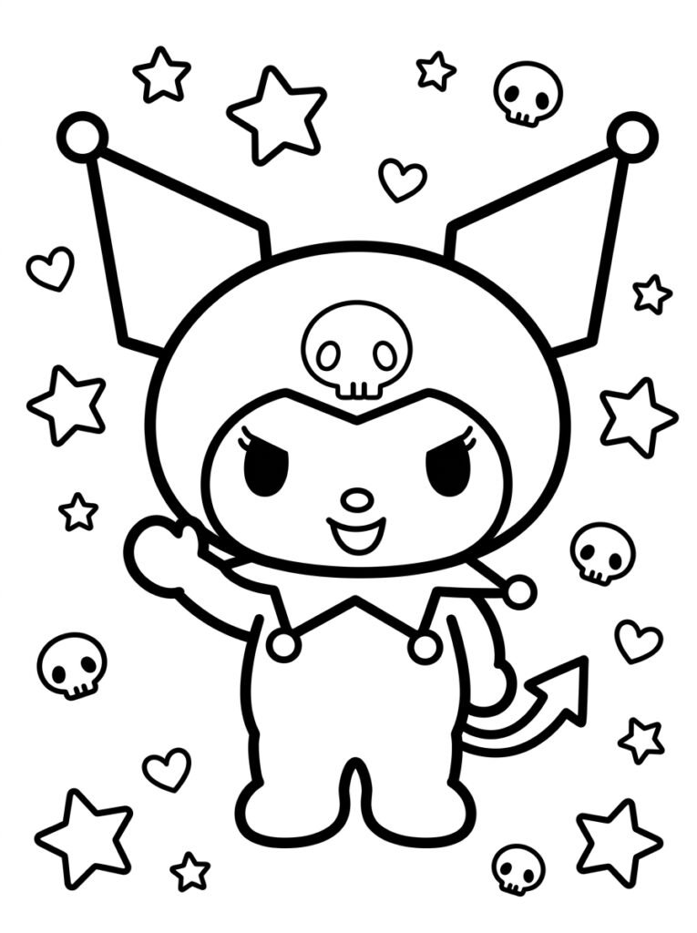 Kuromi met staart staat tussen sterren en schedels