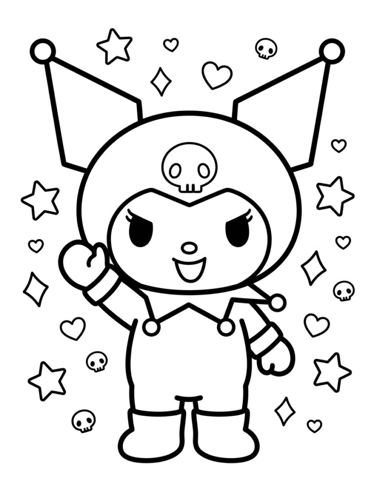 Kuromi lacht met laarzen en opgeheven hand