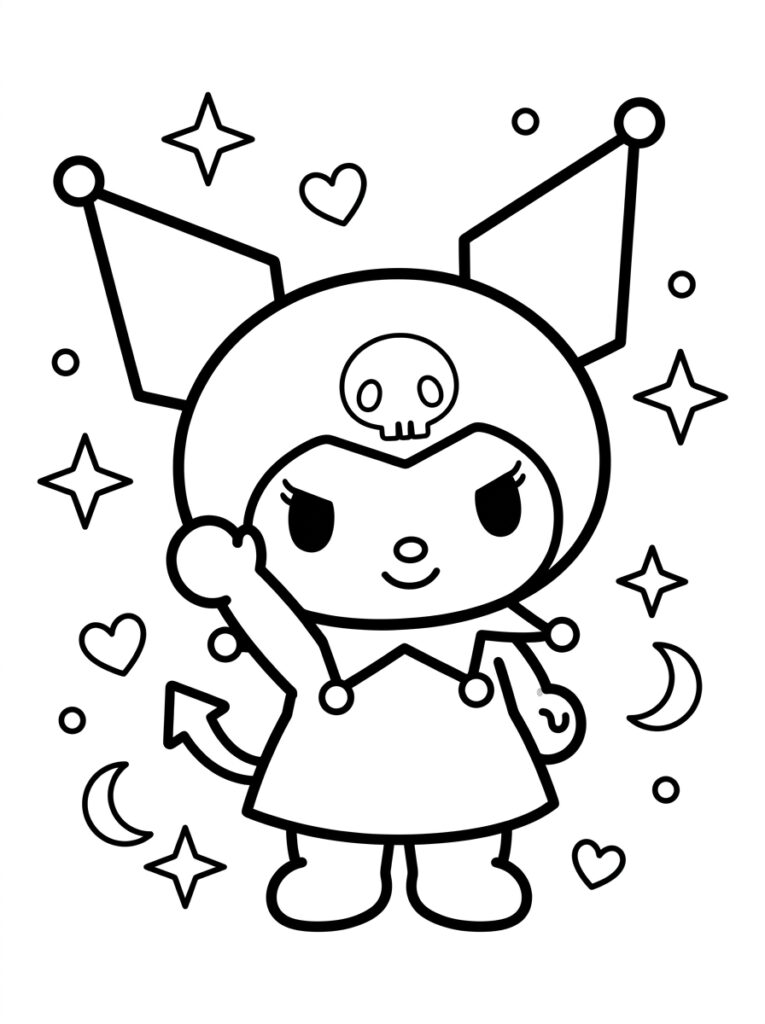 Kuromi in jurk tussen maantjes sterren en harten