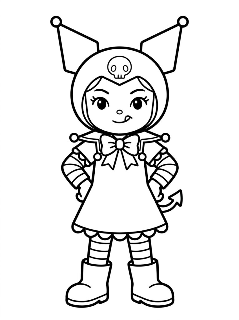 Kuromi met strik staat met handen op heupen
