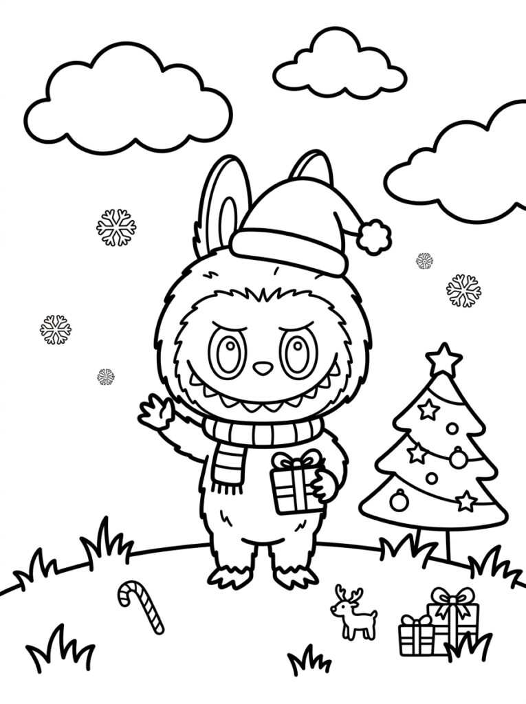 Labubu met kerstmuts houdt cadeau vast bij kerstboom