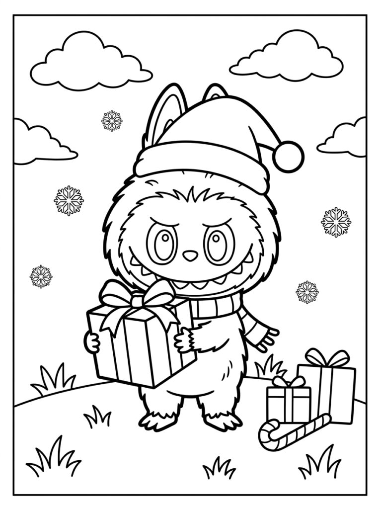 Labubu met kerstmuts draagt groot cadeau met strik