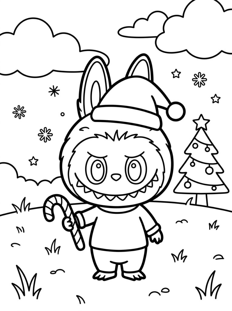 Labubu met kerstmuts houdt suikerstok bij kerstboom
